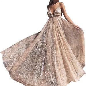 Women Sparkling Deep V-neck Prom Dresses Long Backless Tulle Formal Evening Gown